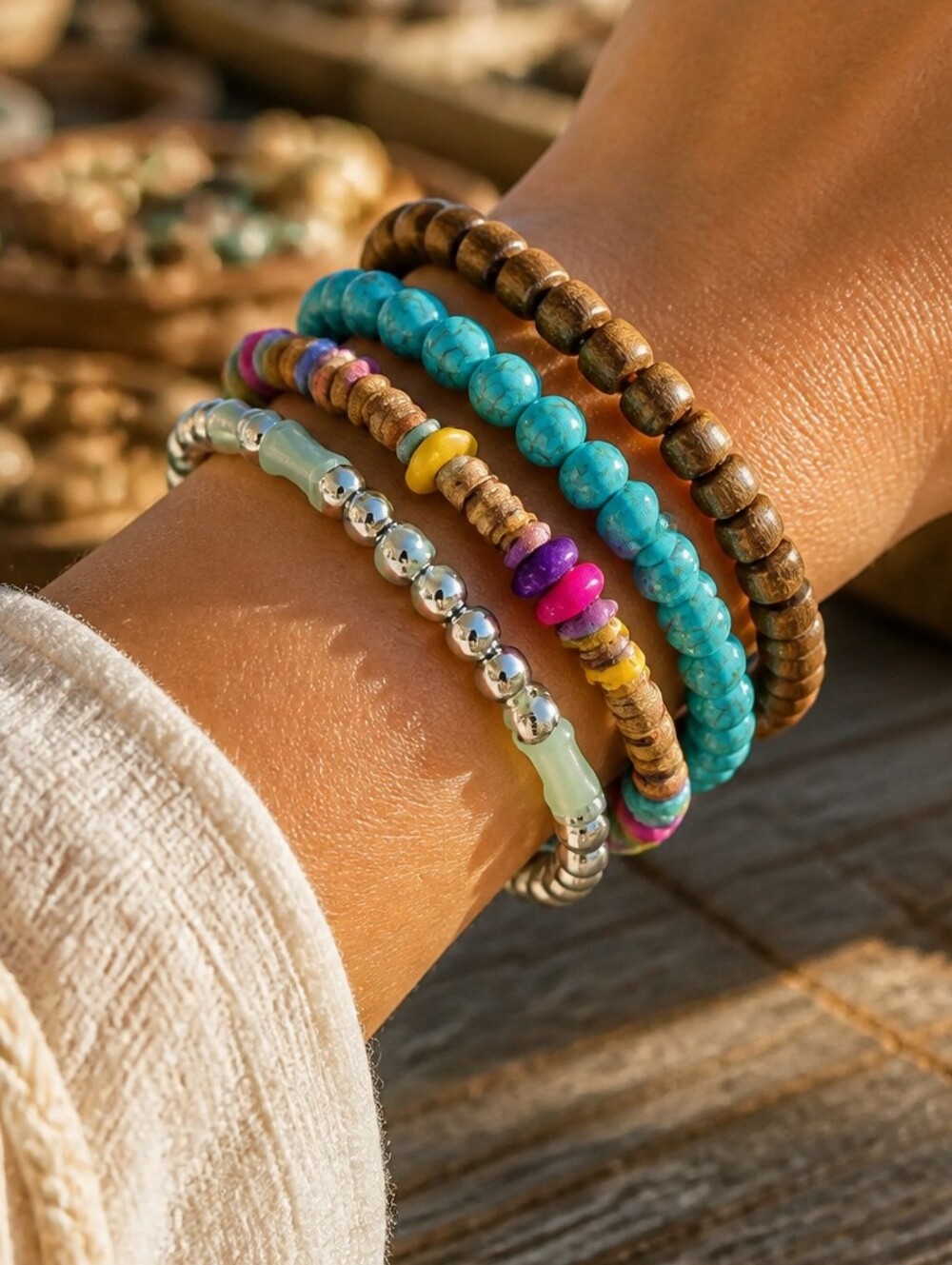 Boho Beaded Stacked Bracelets Set 4 Stretch Wooden Turquoise Silver Colorful